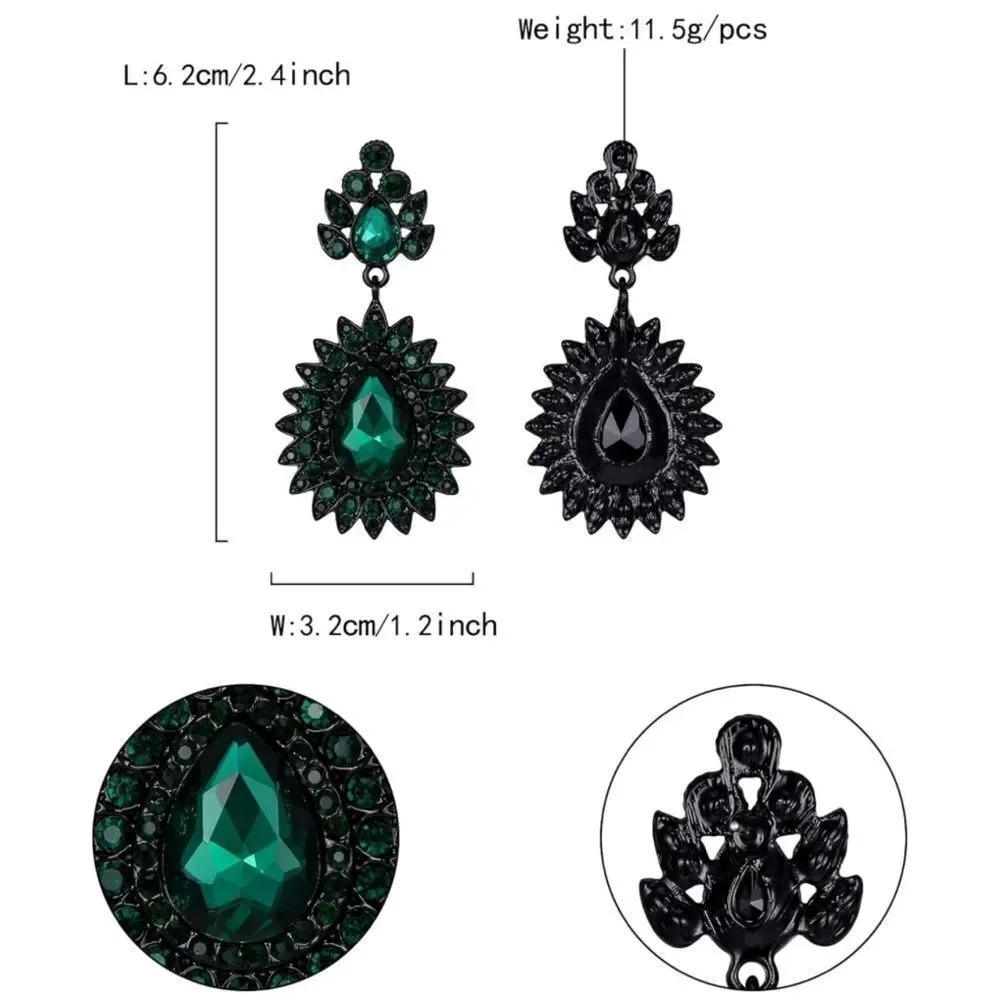 Carbon Black with Emerald Green Crystal Art Deco Chandelier Dangling Earrings